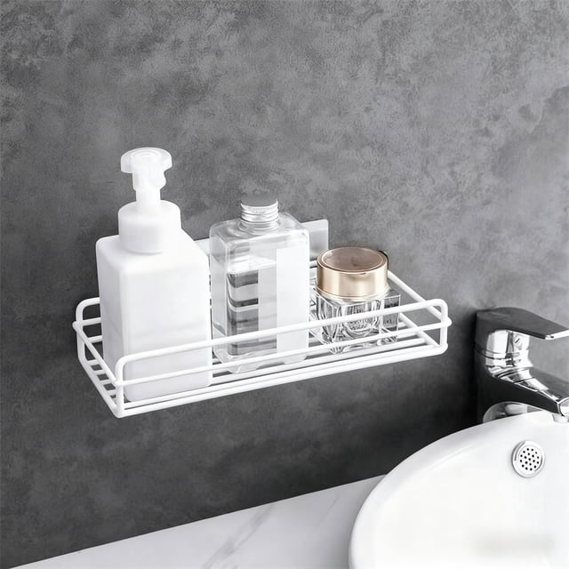 UsRHHA No Drill Bathroom Wall Shelf, Rectangular Metal Storage Rack Organizer, Multipurpose Adhesive Shelf for Shower Kitchen Toiletries Space Saving