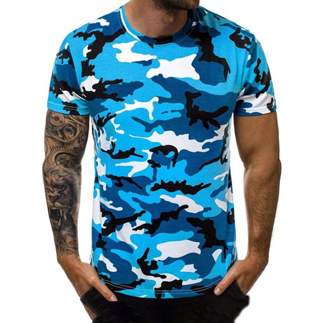 HIMONE Chemise Imprimée Camouflage pour Hommes Manches Courtes Été Basique Col Rond Ajusté Décontracté Taille p-5TG