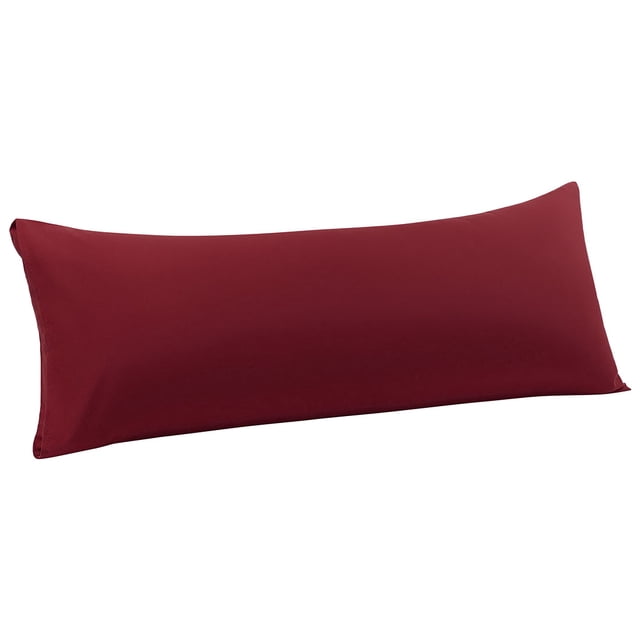 Unique Bargains Silky-Soft Pillowcase Microfiber Body Pillow Case Cover with Envelope Closure in burgundy. This 1800 series brushed microfiber cover offers a smooth, silky texture and excellent breathability, keeping you cool in summer and warm in winter. The envelope closure ensures a snug fit without zippers or buttons. Machine washable for easy care. Package includes one body pillow cover only, pillow not included.