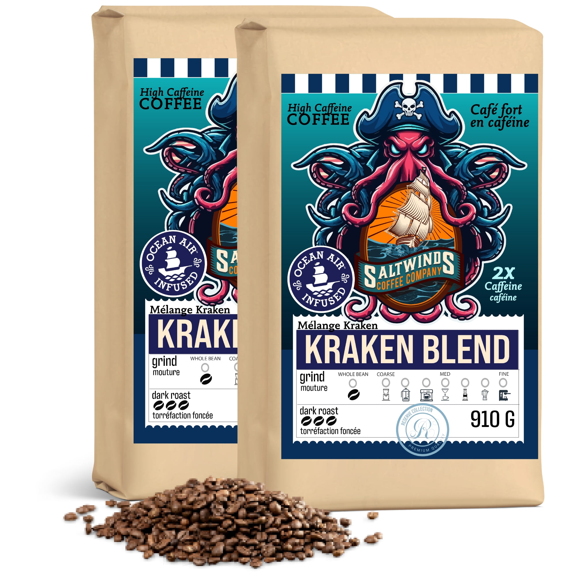 Kraken Blend Extra Strong Dark Roast Bundle - (2x910g Whole Bean)   | Ocean Air Infused | Extra Strong Dark Roast with Twice the Caffeine | Canadian Maritime Roasted