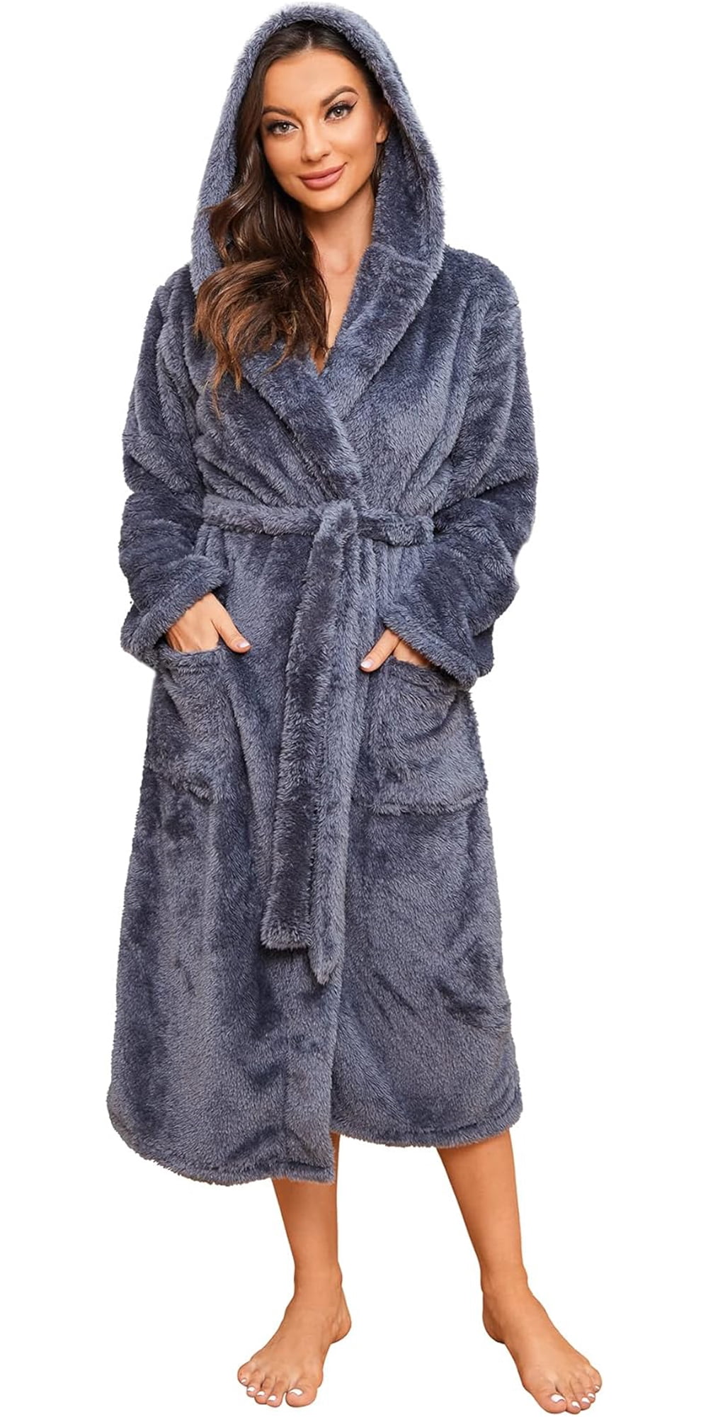 HEARTNICE Womens Hooded Fleece Robe, Long Fluffy Thick Warm Plush Bathrobe,(Dark Grey,S-M)