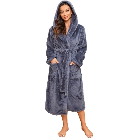 HEARTNICE Womens Hooded Fleece Robe, Long Fluffy Thick Warm Plush Bathrobe,(Dark Grey,L-XL)