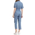 thumbnail image 3 of Unique Bargains Combinaison Pantalon pour Femme à Col Rabattu, Boutonnée, Taille à Nouer, Bleu, TP, 3 of 8