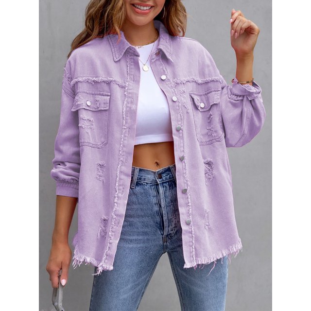 SEARIPE Women‘s Casual Denim Jacket Frayed Hem Ripped Long Sleeve Jean Jacket With Pockets Pink M