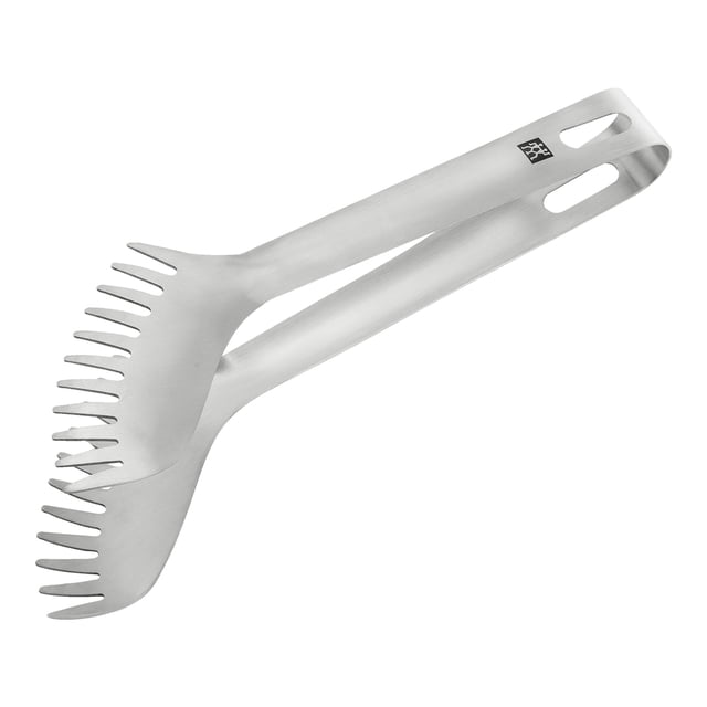 ZWILLING Pro Pasta Tongs, 24 cm, crafted from durable 18/10 stainless steel with curved ends and springy prongs for effortless spaghetti serving. Ergonomic handles and a concave design ensure comfort, while the minimalistic aesthetic by Matteo Thun and Antonio Rodriguez complements modern kitchen utensils. Dishwasher safe and ideal for serving pasta, asparagus, and vegetables.