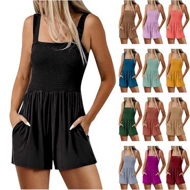 QATAINLAV Combinaisons Courtes pour Femmes Été Col Carré Smocké Sans Manches Combishort Uni Décontracté Ample Tenues de Plage Vacances avec Poches Gris m Soldes Aujourd'hui Liquidation