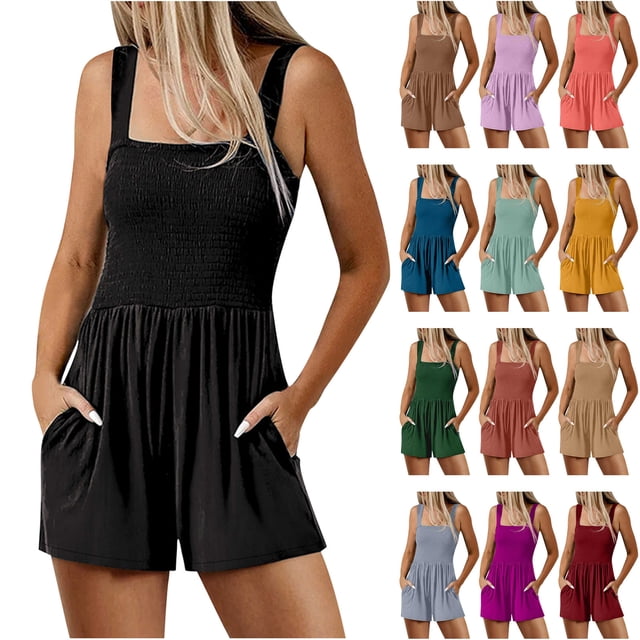 QATAINLAV Combinaison Courte Décontractée d'Été pour Femme à Smocks, Col Carré, Sans Manches, Ample, Plissée, Taille Élastique, Short une-Pièce avec Poches, Rouge Melon D\'eau, S, Soldes Aujourd'hui