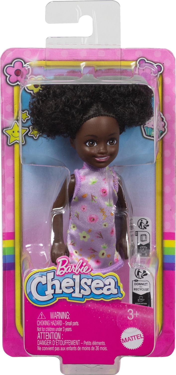 Barbie  Chelsea  Petite poupée  Robe florale, chignons, yeux bruns
