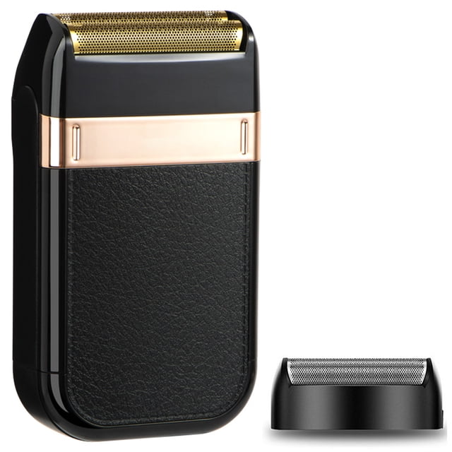 Powerful Rechargeable Shaver Shaper Barber Foil Electric Shaver for men's grooming, featuring a sleek black design with gold accents. Includes a two-blade cutting system, USB charger, and accessory blade. Designed for wired or cordless use with 60 minutes of runtime per charge. Comes with a storage bag and LED charging indicator.