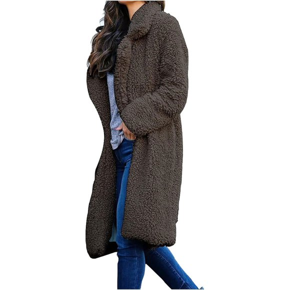Manteau pour Femmes Veste Doublée en Sherpa Manteau Mode Couleur Unie Vêtements Surdimensionnés Manteau Long Ouvert (Gris, G)