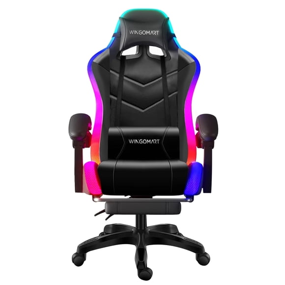 Wingomart Chaise de Jeu Ergonomique avec Repose-Pieds, Chaise de Jeu à Dossier Haut en Similicuir avec Lumière DEL RVB et Accoudoirs Réglables Hauteur Réglable Pivotante