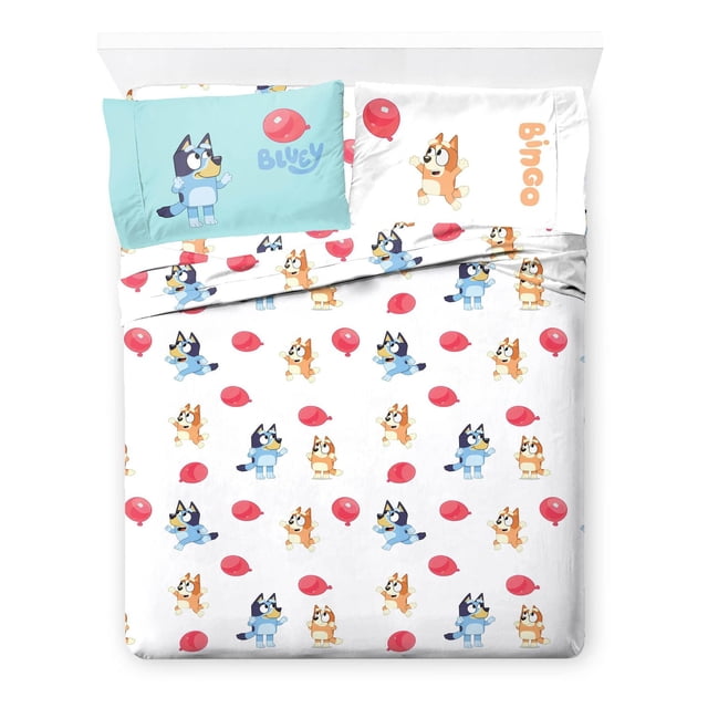 Bluey 'Buddies' 4-Piece Full Sheet Set includes fitted sheet, flat sheet, and two pillowcases with Bluey and Bingo characters and red balloons on white 100% polyester fabric, ideal for kids' bed sheets and machine washable for easy care.