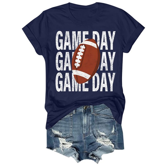 Charmgo Haut pour Femmes Tendance T-Shirts Jour de Match T-Shirt Imprimé 2D pour Femmes Manches Courtes Col Rond T-Shirt Mode Léger Doux Tenue Décontractée Vêtements pour Femmes Football Marine TTG