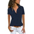 thumbnail image 1 of Pompotops Women Casual Solid Short Sleeve Turn Down Collar Pockets Buttons Shirt Tops, 1 of 5