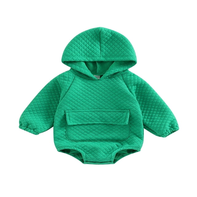 Baby Fall Winter Hooded Romper Casual Long Sleeve Solid Color Front Pocket Bodysuit