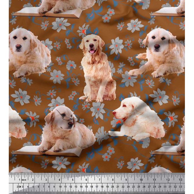 Soimoi Modal Satin Fabric Floral,Book & Golden Retriever Dog Printed Fabric 1 Yard 42 Inch Wide