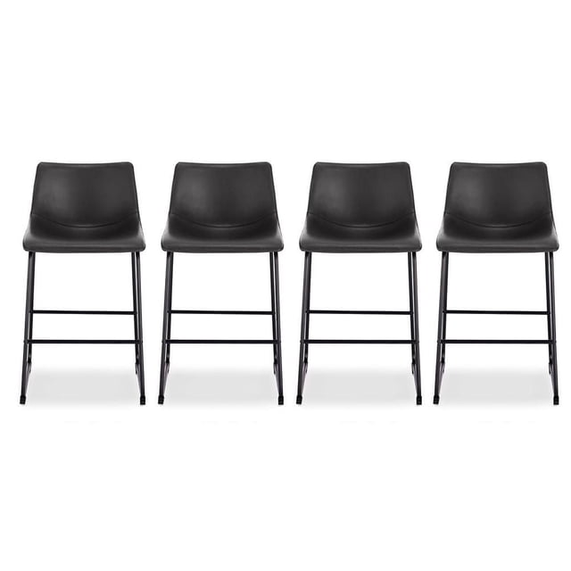 Heavenly Collection Counter Stool set of four with black faux leather upholstery and matching zig-zag stitching, supported by matte black powder-coated steel sled legs, 26-inch seat height, shown front-facing on white background, ideal for kitchen and dining seating.