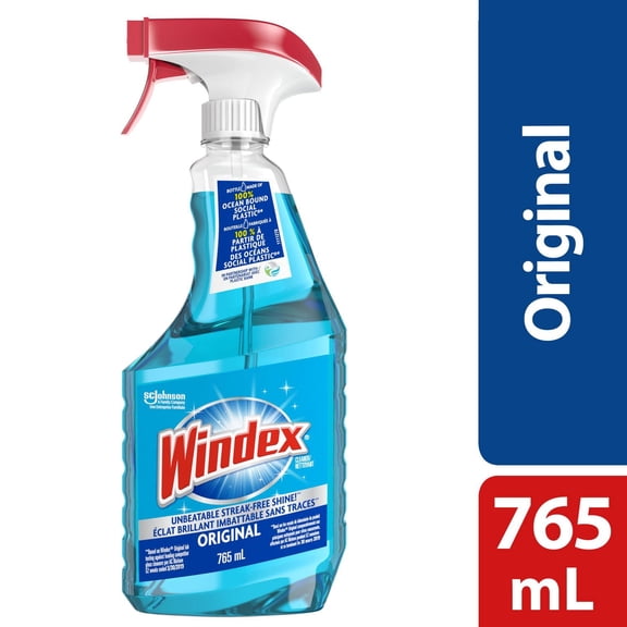 Windex Original Bleu Nettoyant pour verre et vitres, Bouteilles faites à 100 % de plastique recyclé, 765 mL
