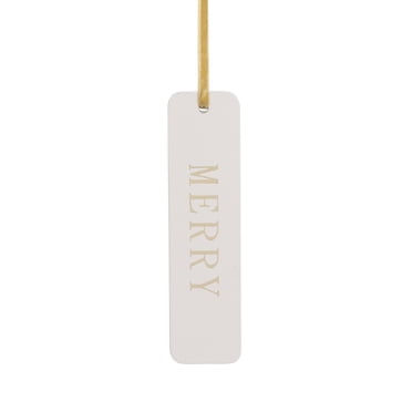 HOLIDAY TIME  5.15 IN,MERRY Christmas Tag, Cream Rectangular Hanging Ornament with Gold Foil Lettering & Gold Ribbon, Gift Wrap Decor, Holiday Label