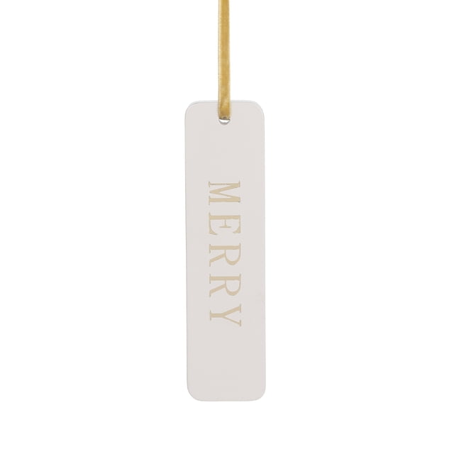 HOLIDAY TIME 5.15 IN,MERRY Christmas Tag, Cream Rectangular Hanging Ornament with Gold Foil Lettering & Gold Ribbon, Gift Wrap Decor, Holiday Label