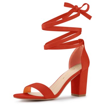 BLISSFUL STEP Sandales à Talon Bloc à Lacets et à Bride Cheville pour Femmes Orange Rouge 7