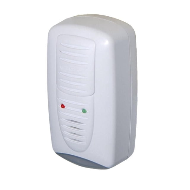 PestContro Ultrasonic & Electromagnetic Rodent Repeller in white plastic housing with vertical vent slits and red and green LED indicator lights, using ultrasonic and electromagnetic technology for humane indoor and outdoor rodent control.