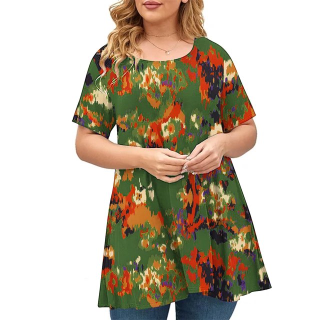 Offre à Durée Limitée Iumwxz Tunique Décontractée Grande Taille Chemises à Grand Ourlet pour Femmes Imprimé Floral T-Shirts Manches Courtes Col Rond Blouse pour Femmes Offres de Vacances Plage