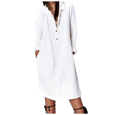 2025 Robes de Cocktail Mignonnes Décontractées pour Femmes, Mode, Amples, Couleur Unie, Lin, Petites, Robes d'Été, Robe Chemise à Revers