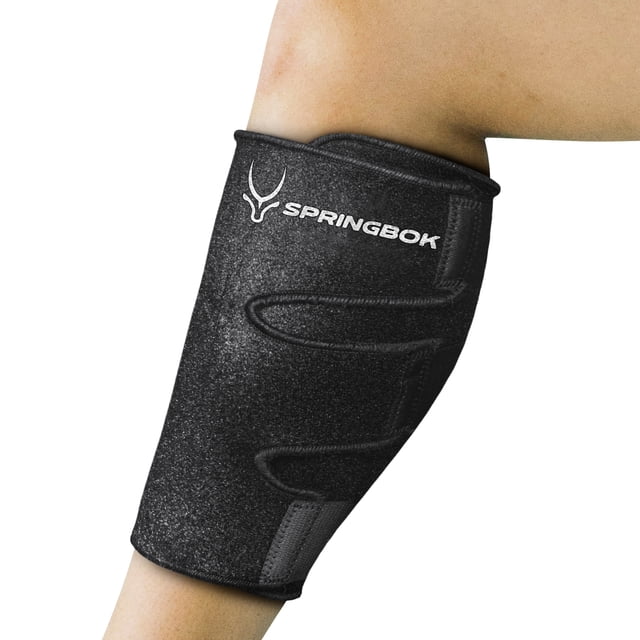 SPRINGBOK FITNESS Manchons de Compression pour Mollets Noirs, Affichés sur une Jambe avec un Ajustement Serré et un logo de Marque. Idéaux pour la Récupération après Mise en Forme, Ces Manchons Améliorent la circulation, Réduisent la fatigue Musculaire et Offrent un Soulagement de la Douleur pour Hommes et Femmes Lors d'Activités comme la Course, le Vélo Ou le Port Quotidien.