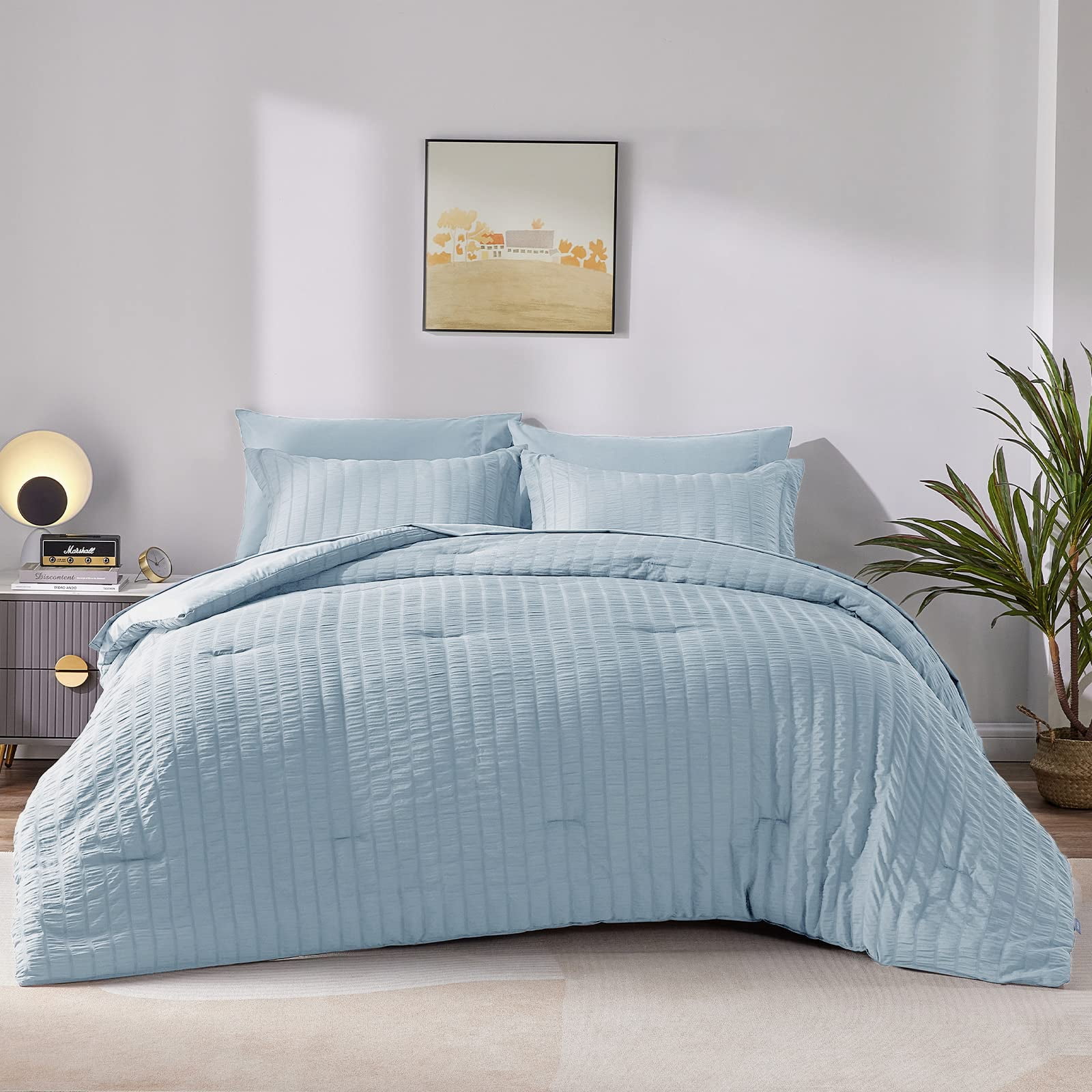 CozyLux Queen Seersucker Comforter Set with Sheets Light Blue Bed in a Bag 7-Pieces All Season Bedding Sets with Comforter Pillow Sham Flat Sheet Fitted Sheet Pillowcase