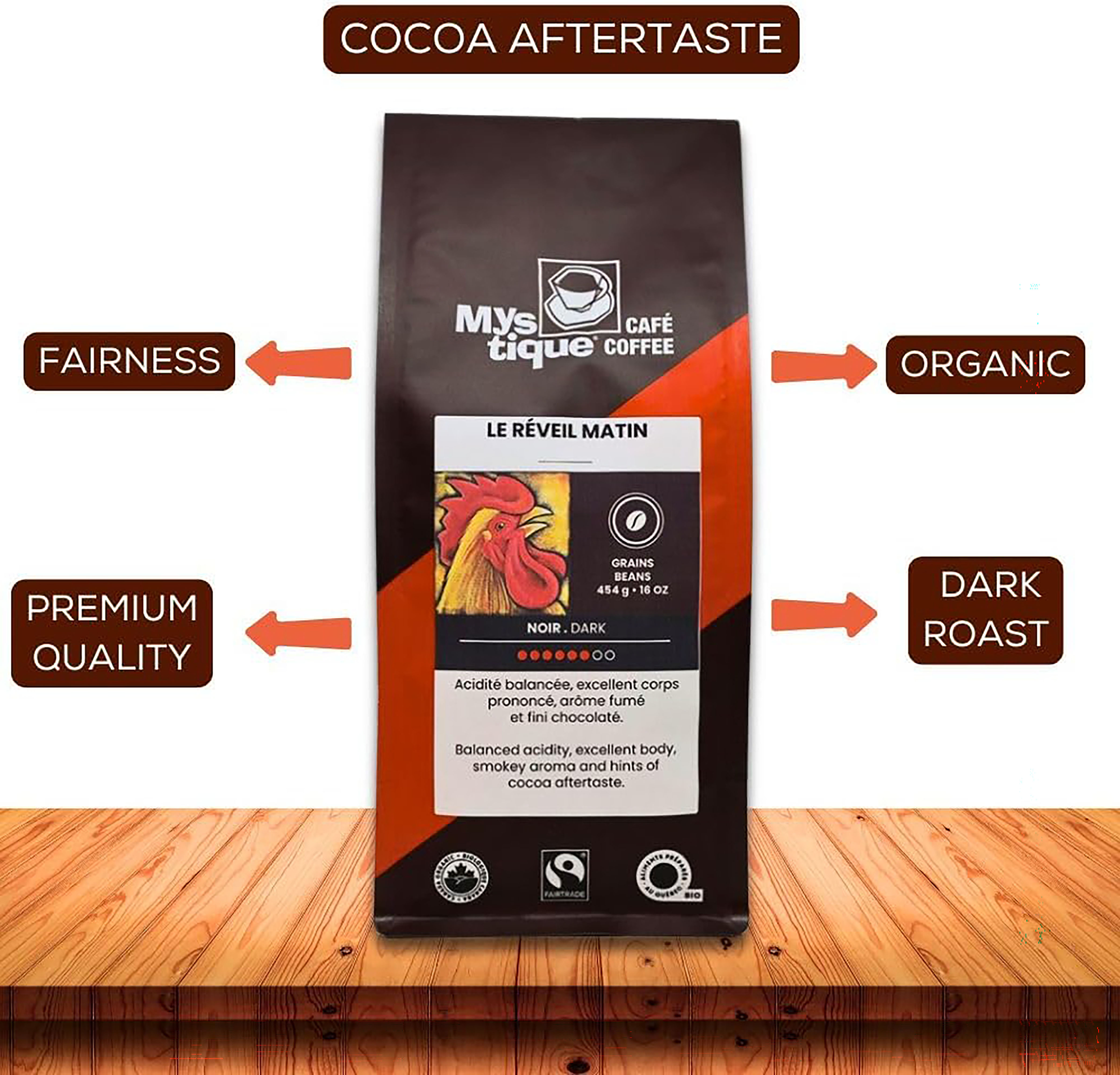 Mystique Coffee, LE RÉVEIL MATIN, Blend, Dark Roast, Whole Bean Coffee 100% Arabica, Specialty Grade, Fair Trade & Organic, Beans, 454g