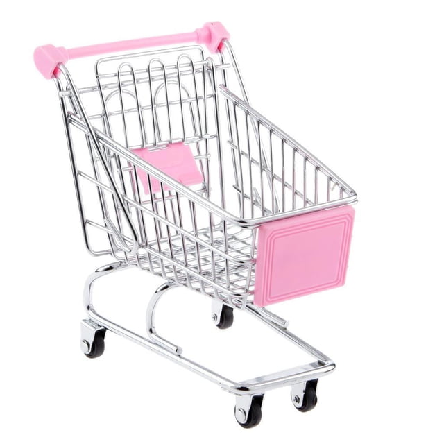 Pink Mini Shopping Cart Supermarket Handcart Trolley With Children Toy Size M. A compact and durable metal shopping cart with pink accents, including a handle and front panel. Ideal for pretend play, play grocery shopping, or desk storage for items like pens, cards, or cell phones. Dimensions: 14cm height x 14.5cm length x 14.5cm width.