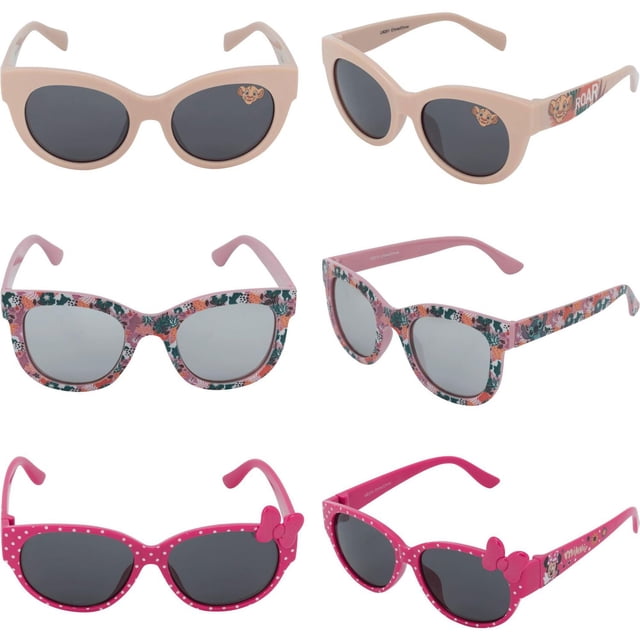 Disney Disney 3 Pack Girls Sunglasses with three styles: beige oval frames featuring Lion King Simba face and 'ROAR' on temples, pink floral square frames with Lilo & Stitch characters, and bright pink oval frames with white polka dots, Minnie Mouse bow, and character on temples, all with dark lenses protecting kids' eyes from sun rays.