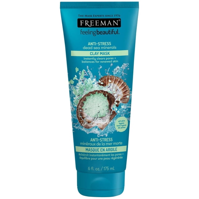 Freeman Feeling Beautiful Dead Sea Minerals Facial Anti-Stress Clay Mask in a 175 ml blue tube with sea salt and water splash graphics, formulated to clear pores and balance moisture for renewed skin, suitable for all skin types and ideal for calming stressed skin.