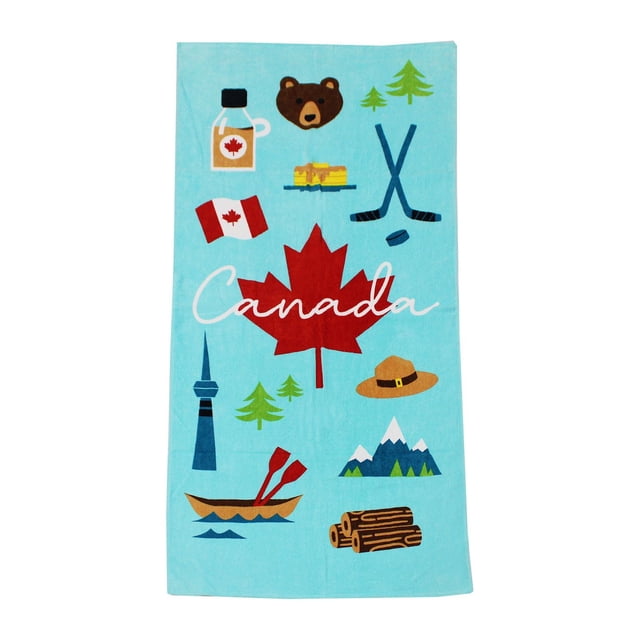 Mainstays Printed Beach Towel measuring 28 by 60 inches with a light blue background featuring Canadian-themed illustrations including a large red maple leaf with Canada text, a bear face, maple syrup bottle, Canadian flag, crossed hockey sticks with puck, pine trees, Mountie hat, mountain peaks, canoe with paddles, stacked logs, and the CN Tower silhouette, ideal for beach or outdoor relaxation.