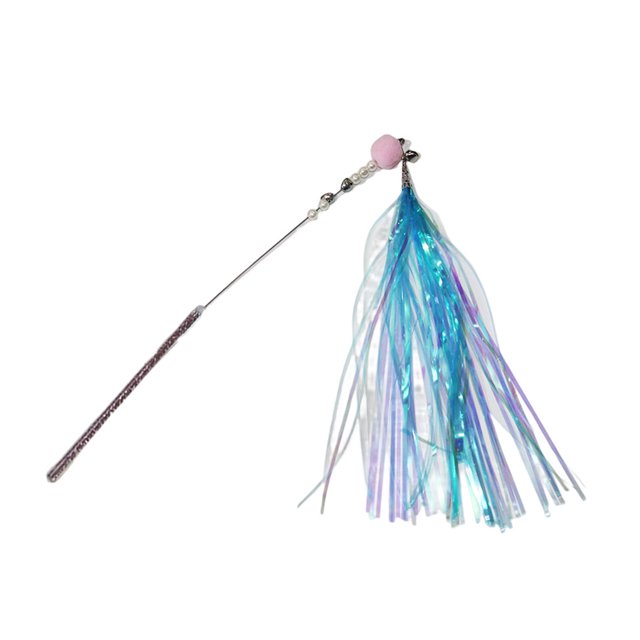 fastboy Cat Teaser Stick with Bell in blue, an interactive cat toy designed for indoor use. Features a lightweight and durable design with a comfortable grip. Includes colorful ring paper and a beaded bell to attract cats, along with waterproof and bite-resistant materials. Made of steel wire, rain wire, and rubber, measuring approximately 70cm (27.55 inches).