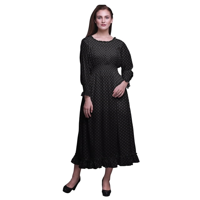Bimba Robe Maxi à Volants pour Femmes, Géométrique, Manches Bishop, Col Rond, Taille Smockée - Petit