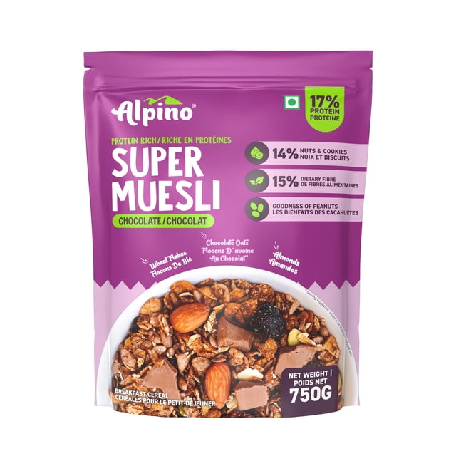 Alpino Protein-Rich Super Muesli Chocolate 750 gm | Crunchy | 61% Whole Grain | 14% Nuts & Cookies | 17% Protein | High Fibre | Shelf Stable | Resealable Pouch
