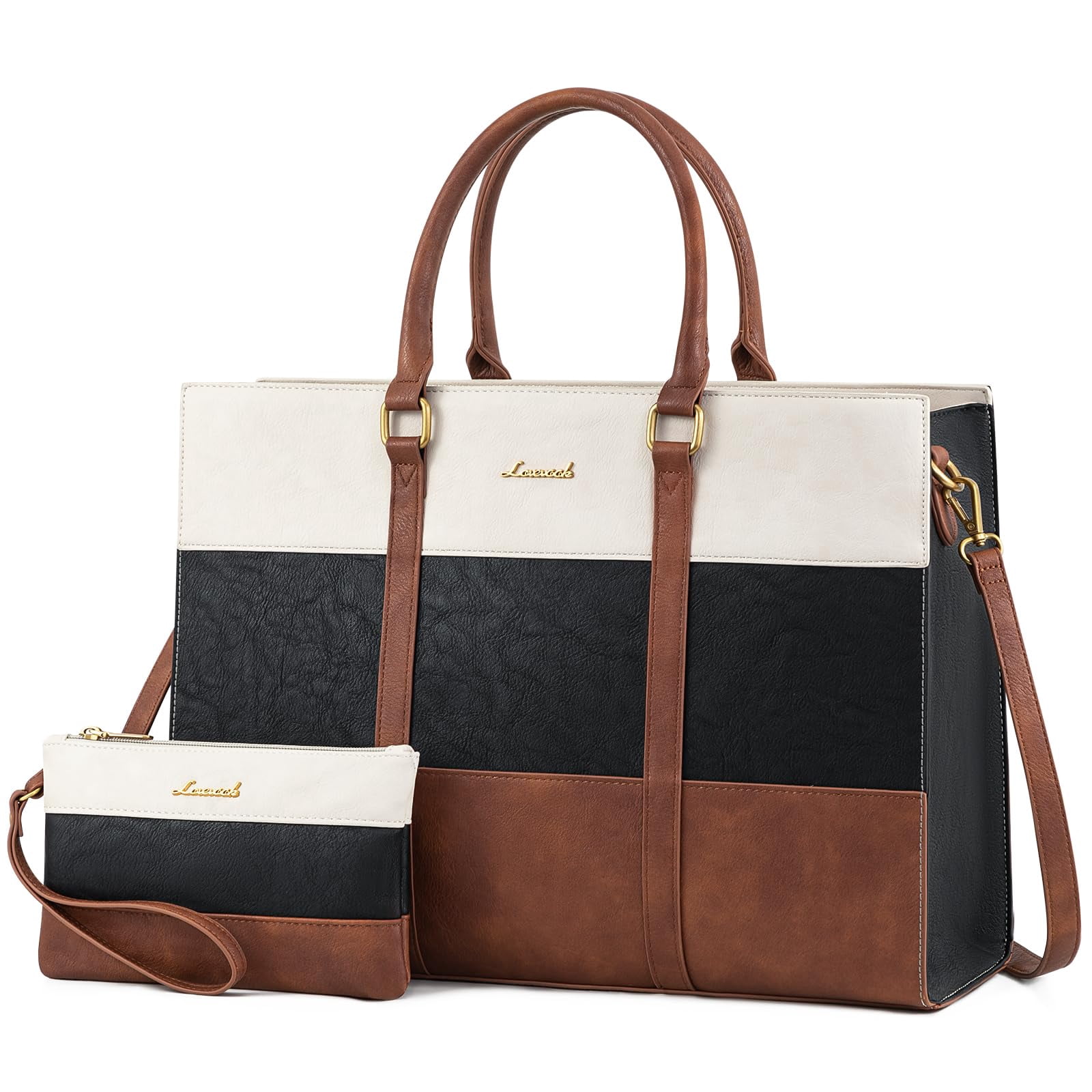 LOVEVOOK Laptop Bag for Women, 15.6 Inch Work Bags for Women, Vintage Leather Laptop Tote Bag, Waterproof Computer Bags with Clutch Purse, Large Capacity B