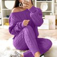 thumbnail image 2 of Womens Ladies Solid Round Neck Cable Knitted Warm 2PC Loungewear Suit Sets, 2 of 6