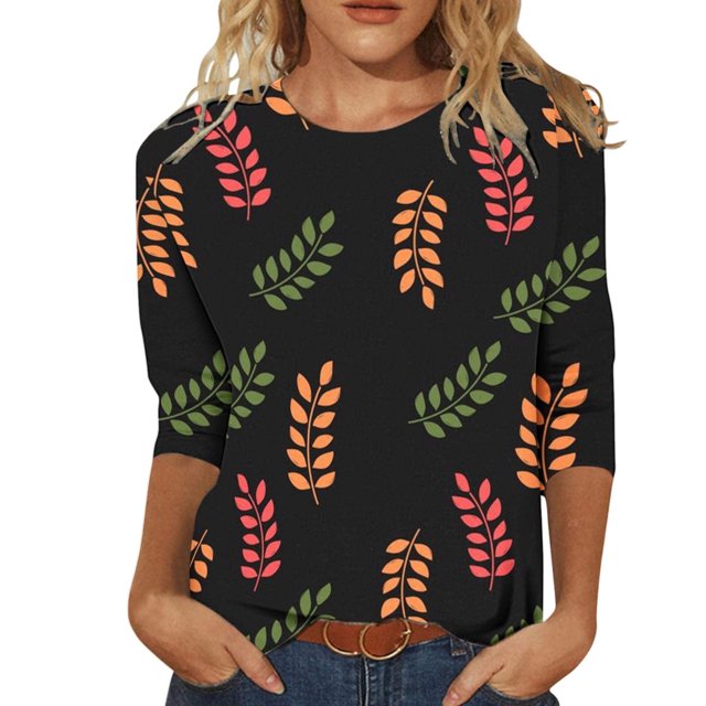 EQWLJWE Blouses à Manches Longues pour Femmes Hauts pour Femmes Liquidation T-shirt Imprimé de Mode pour Femmes Blouse à Manches 3/4 Col Rond Hauts Décontractés