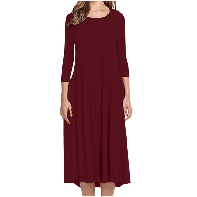 TopLLC Longues Robe à Manches à Col Rond Longueur Genou Femmes Mode Confortable Boutonnée Col en V Couleur Unie Robe Décontractée Blouse pour Femmes en Liquidation