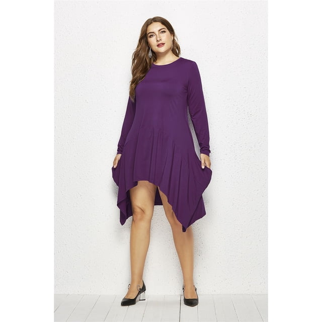 U.Vomade Women's Fall Plus Size Dress Solid Color Round Neck Long Sleeve Pocket Dress