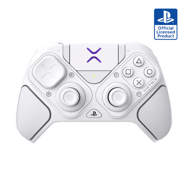Turtle Beach Victrix Pro BFG Reloaded Wireless Modular Gaming Controller for PlayStation 5, PlayStation 4, PC in white, front-facing with dual Hall-Effect thumbsticks, modular D-pad, PlayStation buttons, textured grips, and purple logo, officially licensed for PS4 and PS5.