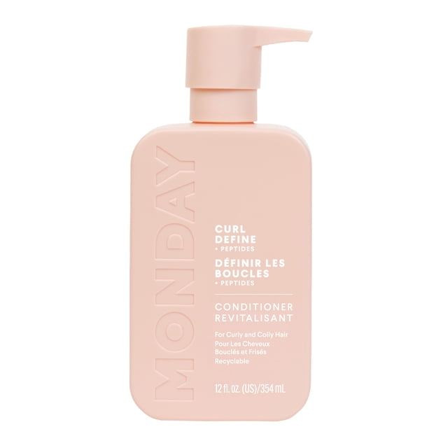 MONDAY Haircare Revitalisant Définissant les Boucles avec Peptides, Huile de Noix de Coco et Beurre de Karité dans une Bouteille à Pompe Rectangulaire Rose Doux de 354 ml, Conçu pour les Boucles de Tous types pour Hydrater, Atténuer les Frisottis et Rehausser la Forme Naturelle des Boucles, avec Image de Marque MONDAY en Relief et Texte Bilingue.