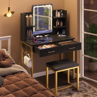 Bestier Ensemble de Coiffeuse avec Miroir et Lumières, Coiffeuse avec Tiroirs, Prise de Courant et Tabouret Rembourré, Table de Maquillage pour Chambre, Noir