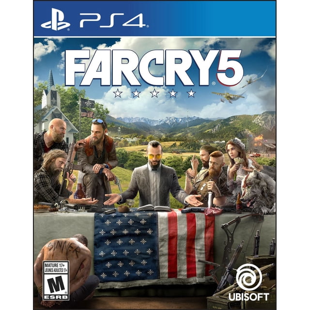 Far Cry 5 (PS4) game cover showing armed characters gathered around a table draped with a modified American flag, set in the rural Montana landscape of Hope County with mountains, farmland, and planes overhead, representing the open-world resistance against a doomsday cult.