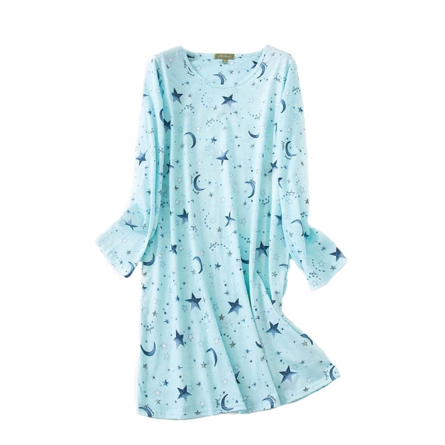 Pyjama pour Femmes en Coton, Nuisette, Vêtement de Nuit, Manches Longues, Chemise Décontractée à Imprimé, Robe de Nuit, Pyjama pour Femmes