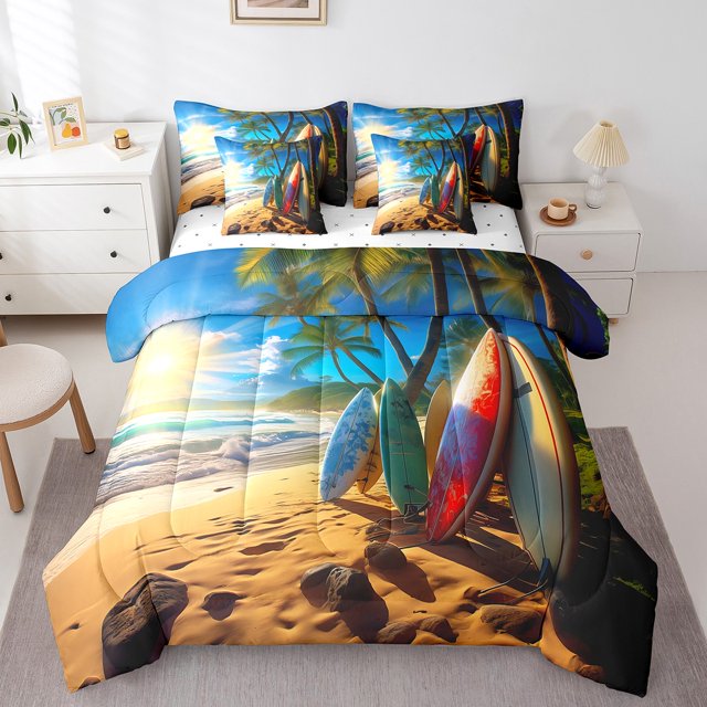 YST Ocean Surf Comforter Set Coastal Beach Surfboard Bedding, 90' x 90' Down Comforter, Queen Size (7 Count)