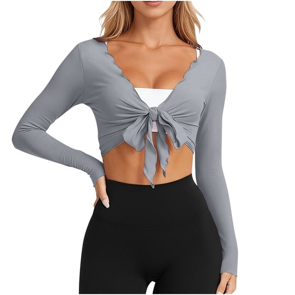 Daiosportswear Women Tie Front Wrap Tops Long Sleeve Pilate Ballet Ruffle Bolero Shrugs Crop Yoga Layering Workout Cardigan Cover Up,Cover-Up for Women Gray XXL(XXL)
